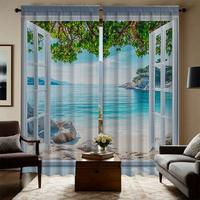 2PC Home Seaside scenery Curtains With Landscape Background And Pole Pocket Curtains, Kitchen, Coffee Shop, Living Room, Bacony