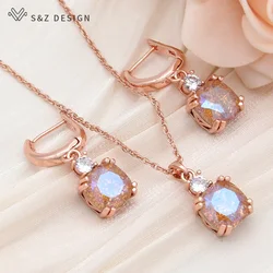S&Z DESIGN New Fashion Maillard Autumn Winter Orange Square Crystal Jewelry Sets For Women 585 Rose Gold Color Drop Earrings