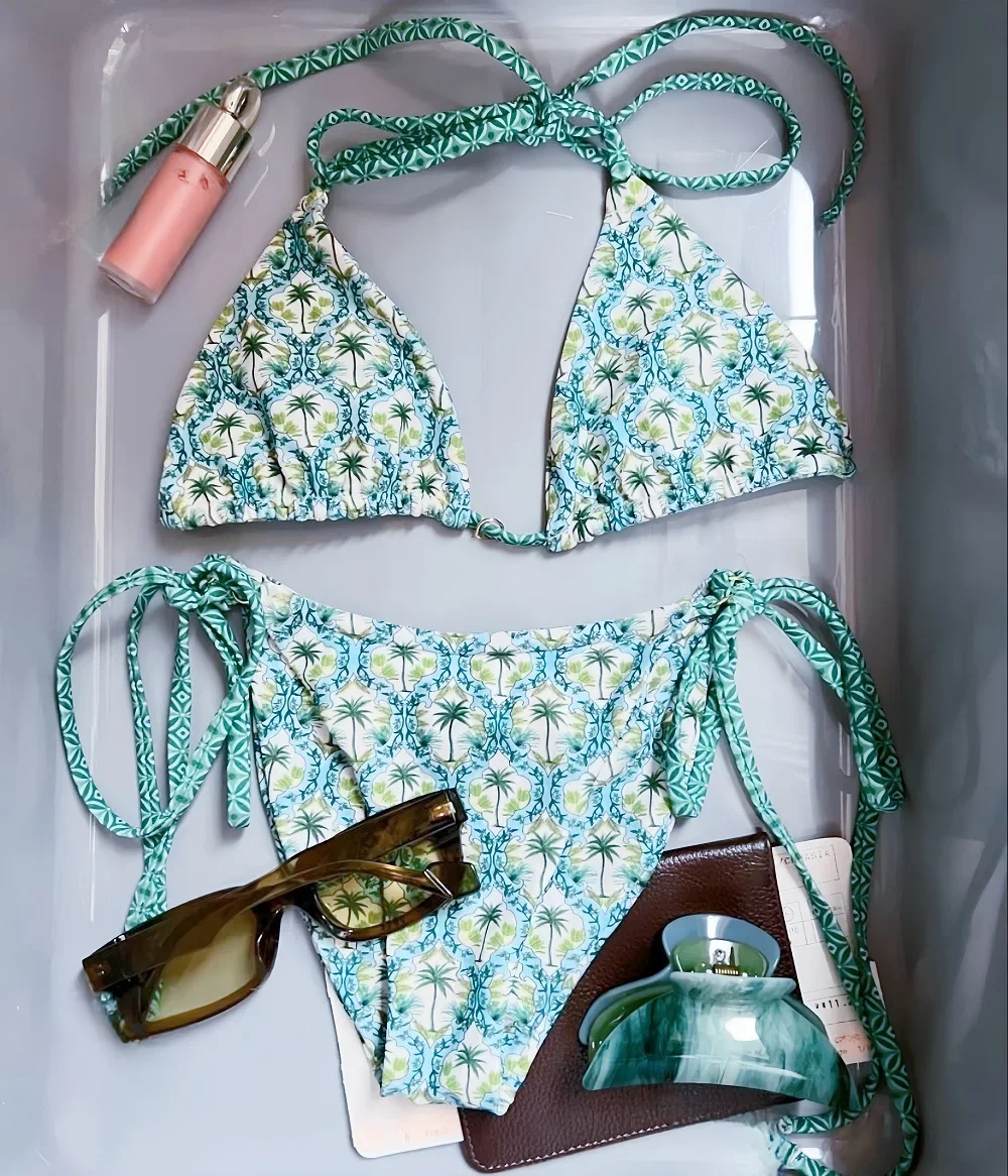 RUOTONSEPT-Conjunto de Bikini con estampado de árbol de coco y triángulo para mujer, traje de baño Sexy de dos piezas con cuello Halter, Bikini brasileño