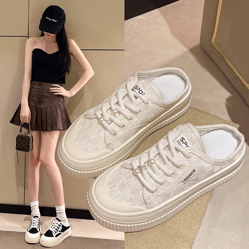 

Summer Women's Mesh Toe Cap Half Slippers Breathable Casual Sports Shoes Lightweight Slip On Flat Sandals Outdoor Beach Walking