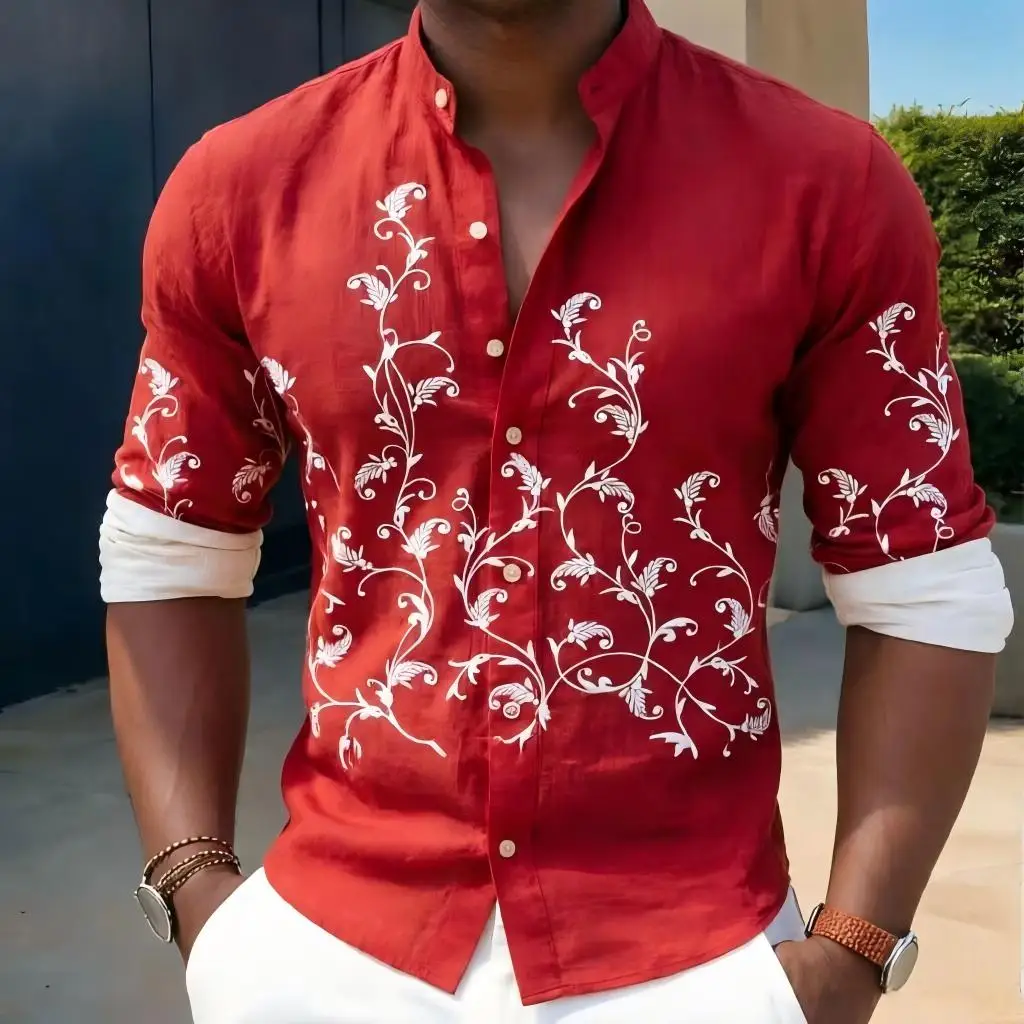 

Men's fashionable printed long sleeved shirt, loose top, outdoor street, casual and comfortable