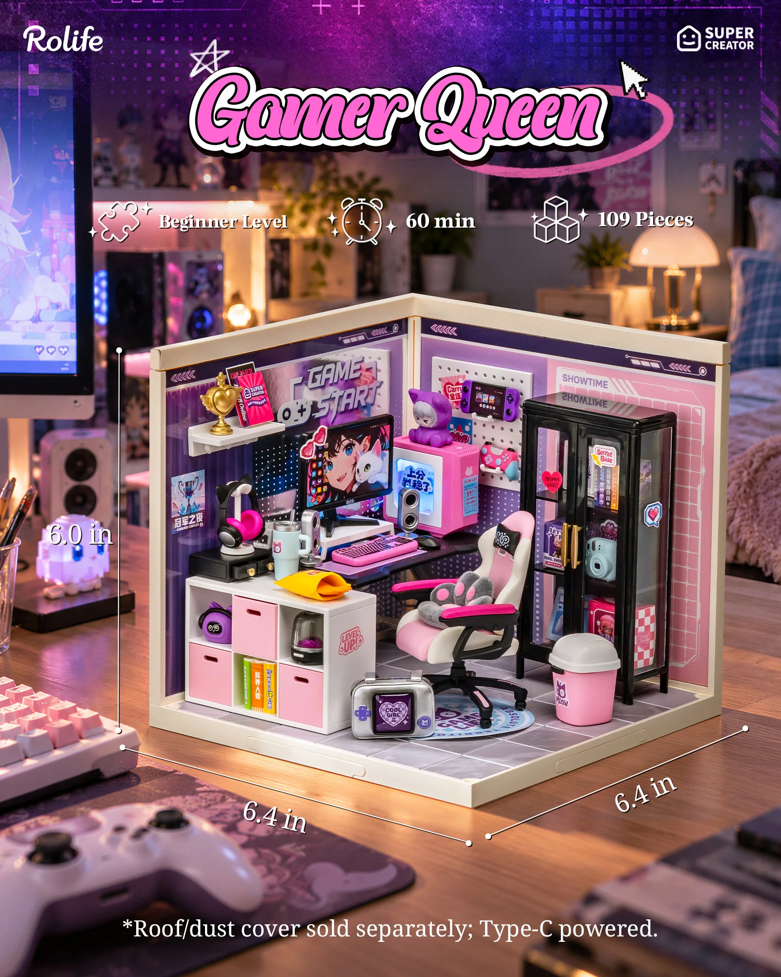 Rolife Plastic Dollhouse 3D Puzzle - Gamer Queen Super Creator DIY Miniature House Building Kit for Home Decor Mini E-sports Room Tiny House Construction Set with LED Ideal Birthday Gift