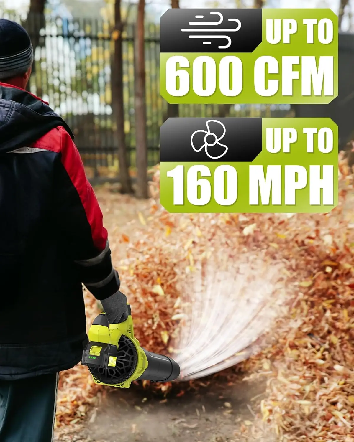 Blower  600 CFM & 160 MPH  Cordless  with 2 * 4.0 Ah Batteries Included | Electric Leaf Blower with 3-Speed Settings & Extens