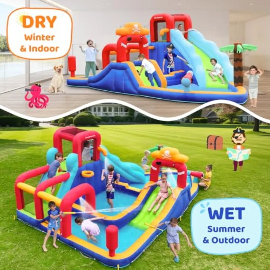 Backyard inflatable water slide bounce house: PVC blue/red 10-in-1 water park with blower dual slides dual climbing walls dual view 4