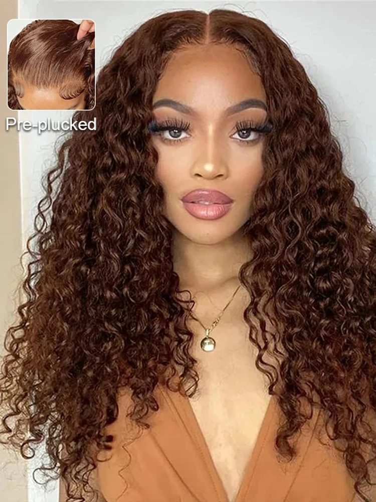 Vietnamese Curly 36 38 inch Chocolate #4 Brown 13x4 HD Lace Front Human Hair Wigs Pre Plucked Deep Wave Glueless Lace Frontal Wig