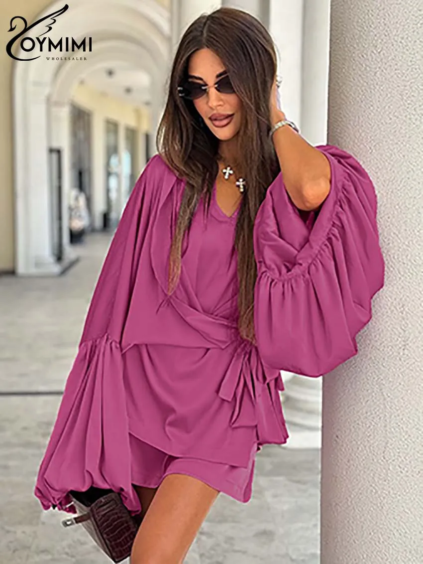 Oymimi Fashion Pink 2 Piece Sets Women Outfit Elegant Puff Sleeve Lace-Up Shirts And Slim Straight Mini Dresses Sets Streetwear