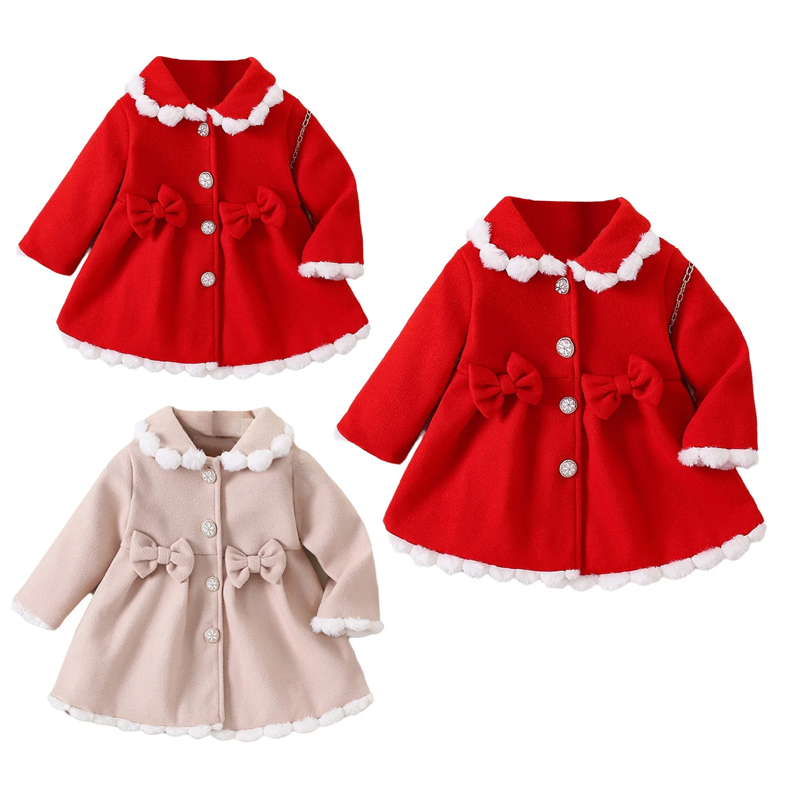 

Тренч для рождественской вечеринки для маленьких девочек, пальто из искусственного меха с длинными рукавами и пуговицами, пальто с бантом, верхняя одежда, зимняя теплая одежда