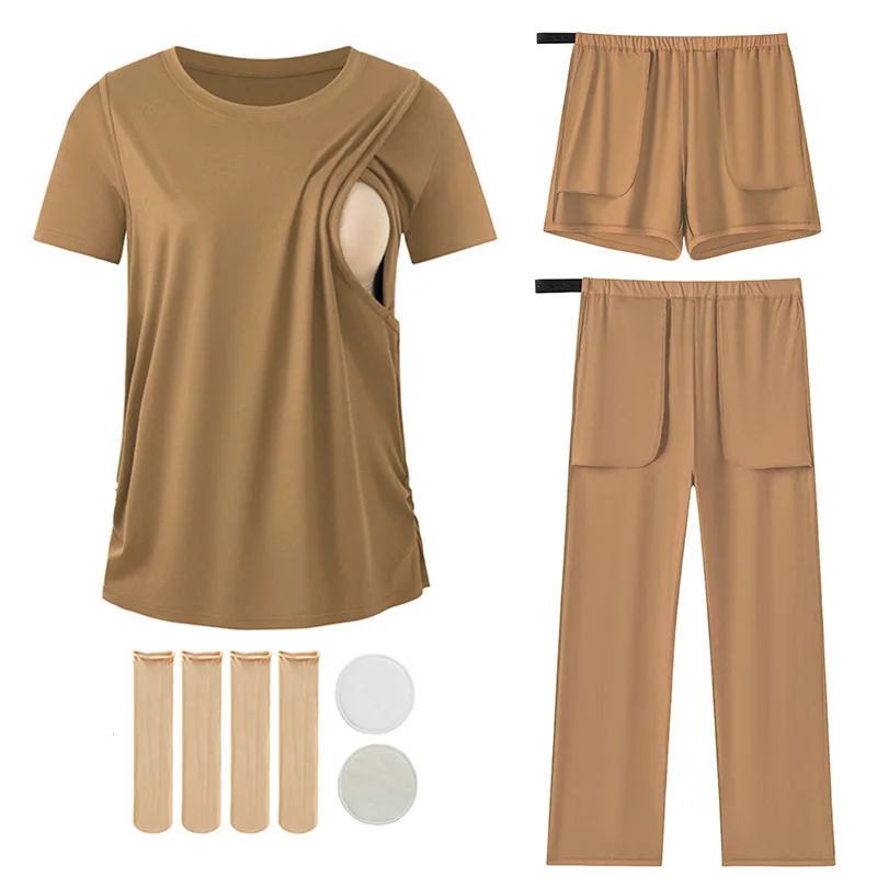 

Women's Round Neck Short Sleeve Maternity Nursing Pajamas Shorts&Pants Sets with Nursing Breast Pads & SocksPregnancy Clothes