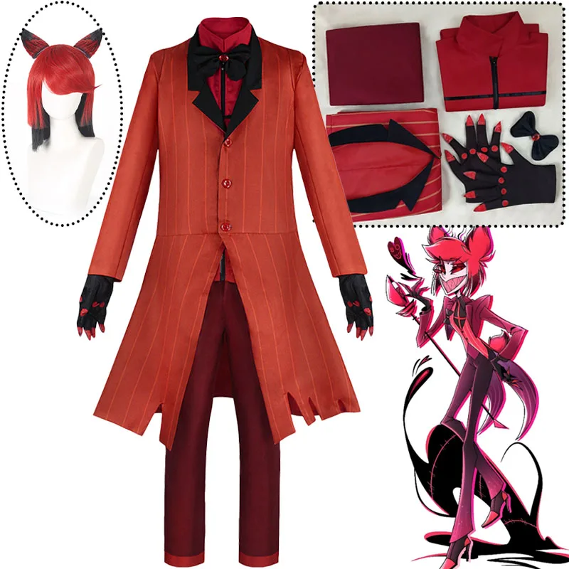 

Alastor Hazbin Cosplay Costume Hotel Demon Cosplay Red Jacket Shirt Pants Gloves Tie Uniform Wig Party Suit Accessories Full