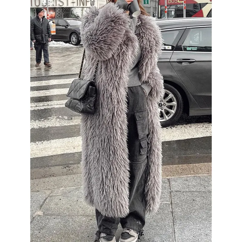 Fashionable Notched Collar Long Faux Fur Coat Warm Thick Fleece Jacket Elegant Women\'s Office Fluffy Coat Chic Faux Fur Jacket