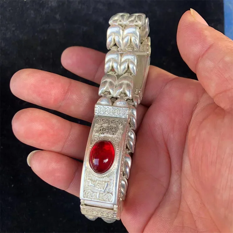 Tibetan Silver Ethnic Style Retro Doing Old Inlaid Gemstone Bracelet Bangle Men AndWomen Fine Jewelry Fashion Gift