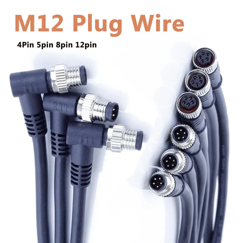 M12 4Pin 5pin 8pin 12pin Male to Female Extension Cable Waterproof Straight Elbow Aviation Plug PVC Sensor Connector with Wire