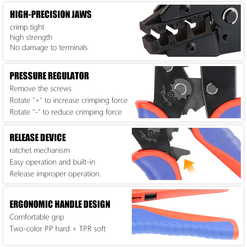 Crimping Tool for Sleeves Ferrule Terminals - Ratcheting Wire Crimpers - AWG 10-2 (6-35mm2) - Ratchet Terminal Crimper YF-35WF