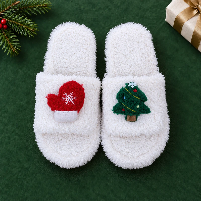 ZUOFU Weihnachts-Plüsch-Hausschuhe für Damen, Herren und Paare, Rentier, Weihnachtsmann, Schneemann, Baum, Glocke, Handschuh, warm, flauschig, rutschfest, für drinnen und zu Hause – Detail 11