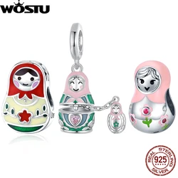 WOSTU 925 Sterling Silver Matryoshka Doll Pendant Russion Lovely Opened Charm Original Fit for Women Bracelet DIY Accesories