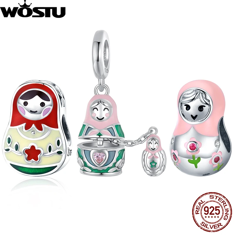 WOSTU 925 srebro Matryoshka lalka wisiorek Russion piękny otwarty urok oryginalne dopasowanie dla kobiet bransoletka DIY akcesoria