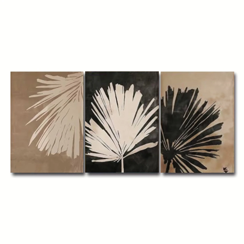 3‑Piece Framed Wall Hanging, Milk‑Tea Background Black White Palm Leaf Canvas Print, Wall Art Headboard Living Room Study