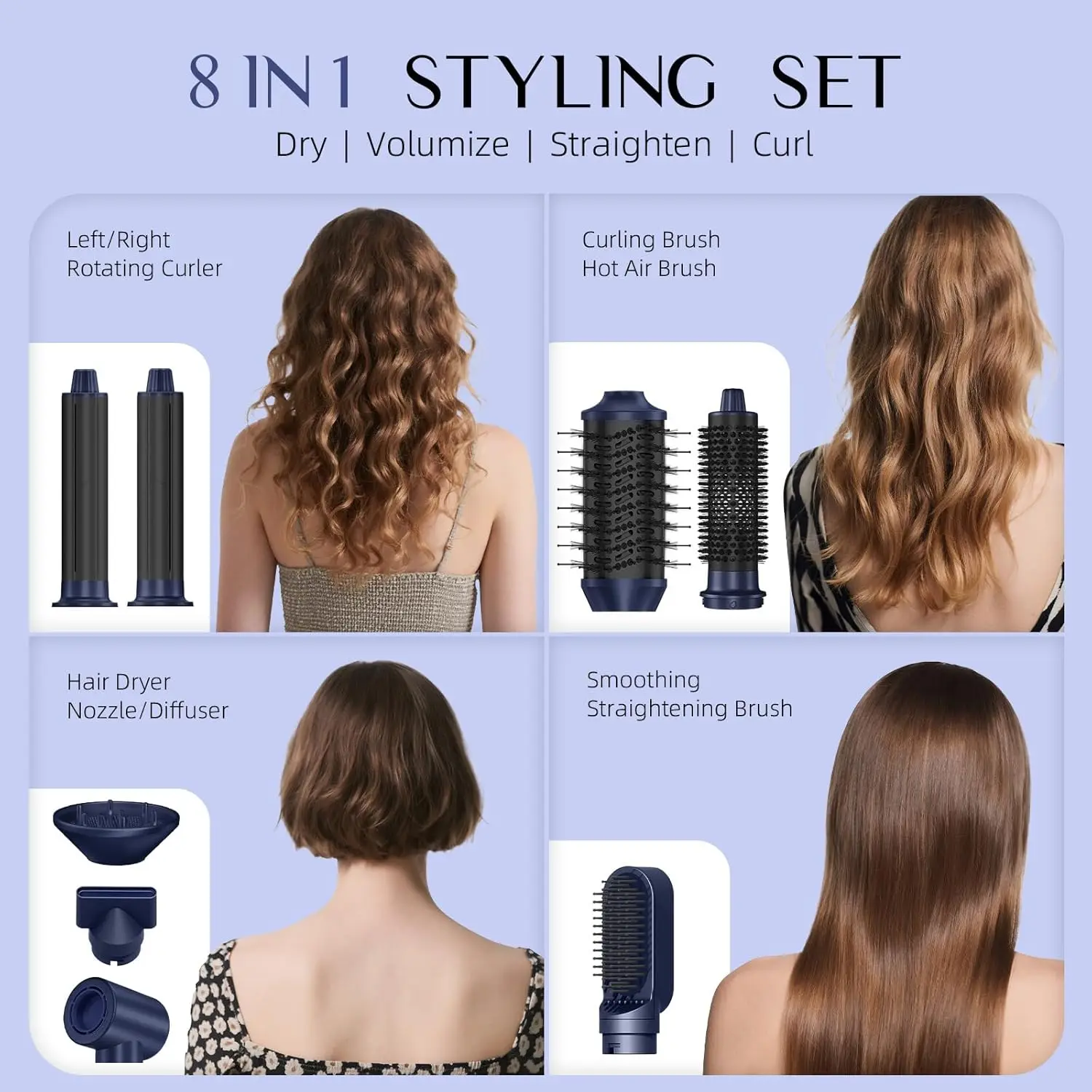 8 In 1 Blue Hot Air Styler Brushless Hair Dryer Brush Negative Ion Curling Wand Volumizer Diffuser Professional Hair Styling Tool For Women