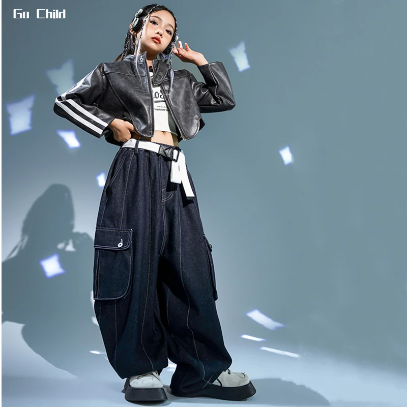 Girls Hip Hop Leather Jacket Vest Loose Jeans Child Street Dance Crop Coat Jazz Denim Pants Clothes Set Kids Streetwear Costumes