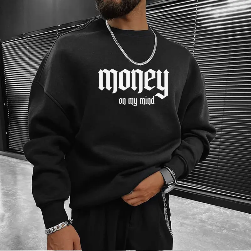 100% Cotton Money On My Mind Print Y2k Crew Neck Sweatshirts for Men | Long Sleeve Casual Pullover Sweatshirt Unisex