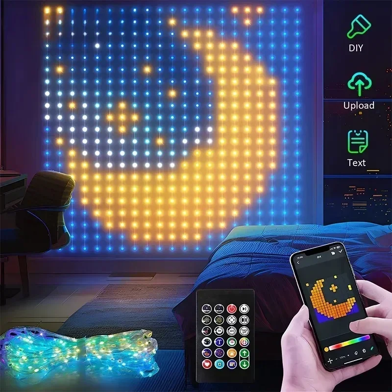 400LED 스마트 커튼 조명, 블루투스 앱 제어, DIY 텍스트 패턴 애니메이션 화환, RGB LED 스트링 조명, 웨딩 룸 장식