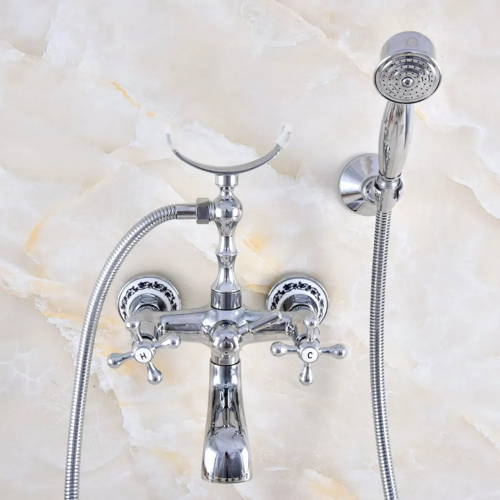 Polished Chrome Brass Wall Mounted Bathroom Tub Faucet Set WITH/ 1.5M Handheld Shower Spray Head Mixer Tap Dna717