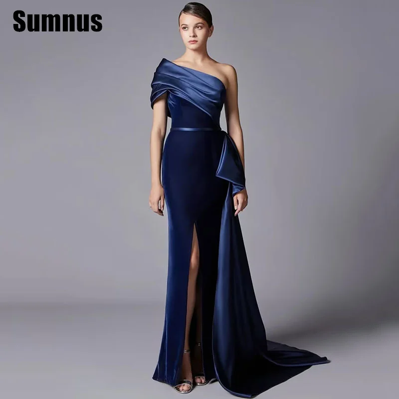 

SUMNUS Velour Blue Evening Prom Gowns One Shoulder Mermaid Floor Length Sleeveless Party Dress Side Slit Gowns Customized