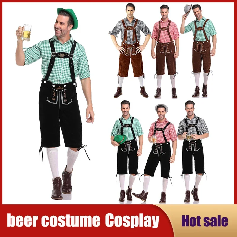 

Germany Oktoberfest Costumes Adult Men Traditional Bavarian Beer Shorts Outfit Overalls Shirt Hat Suspenders Set Halloween Cloth