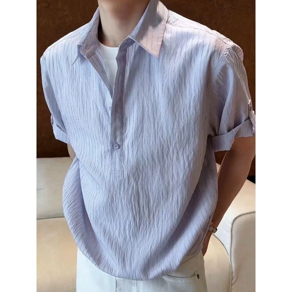 Summer Men Light Purple Striped Patchwork Fake Two Piece Short Sleeve Shirt Loose Casual Daily Navy Blue Shirt