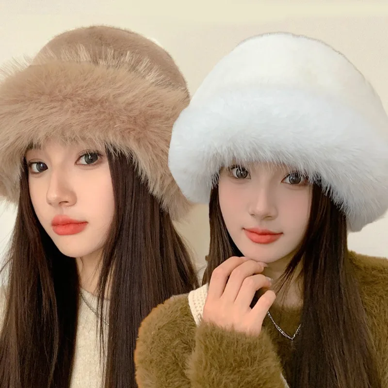 Thicken Plush Mongolian Hat Women Winter Thermal Fluffy Faux Fur Bucket Hat Girls Mink Fur Furry Panama Fisherman Caps Beanies