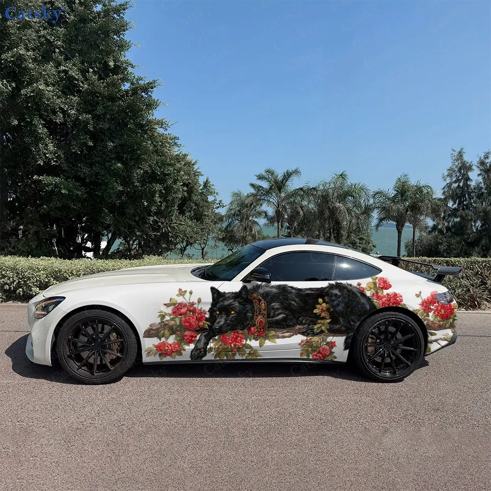 2pcs Vibrant Rose Regal Black Wolf Car Side Wraps, Self-Adhesive PVC Waterproof & Scratch-Resistant Stickers, Car Accessory Gift