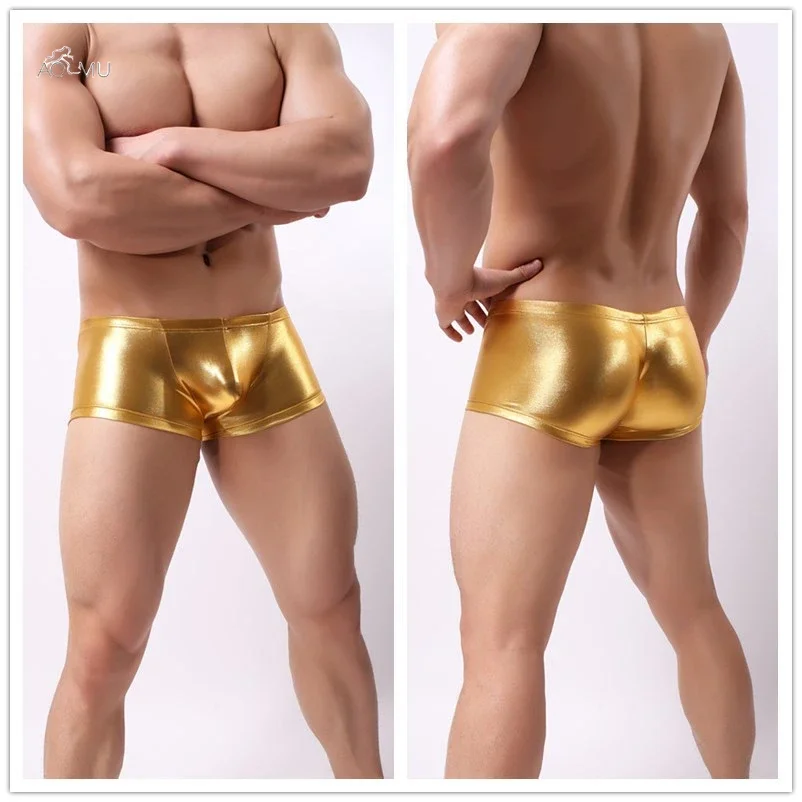 Mens Underwear Boxer U Convex Pouch Patent Leather Wetlook Shinny Trunks Cool Underpants Shorts Shiny Leather Boxers for Male