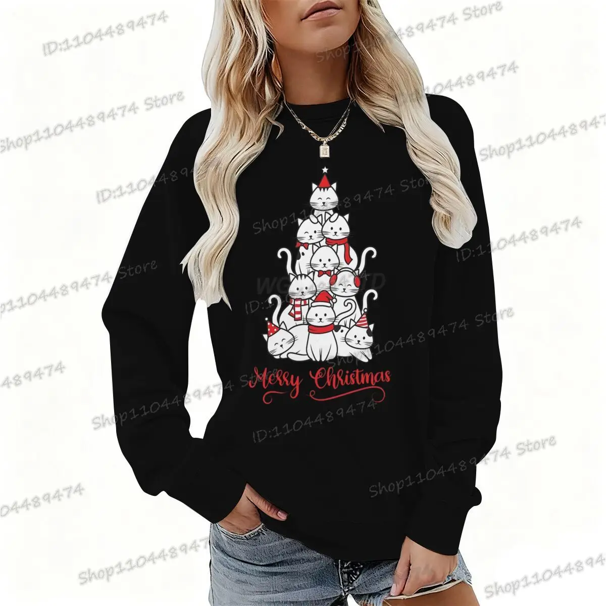عيد ميلاد سعيد القطط شجرة هوديس الكرتون عيد الميلاد حزب بلوزات الرجال النساء جولة الرقبة الصوف الخريف الشتاء Y2K البلوز