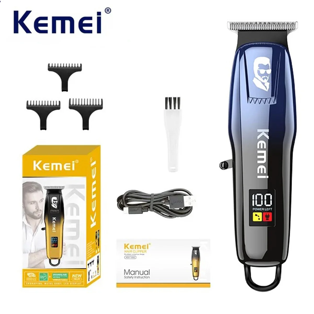 Kemei Professional Hair Trimmer Men Beard Trimmer Hair Clippers Cordless Rechargeable Finish Hair Cutting Machine Grooming Kit