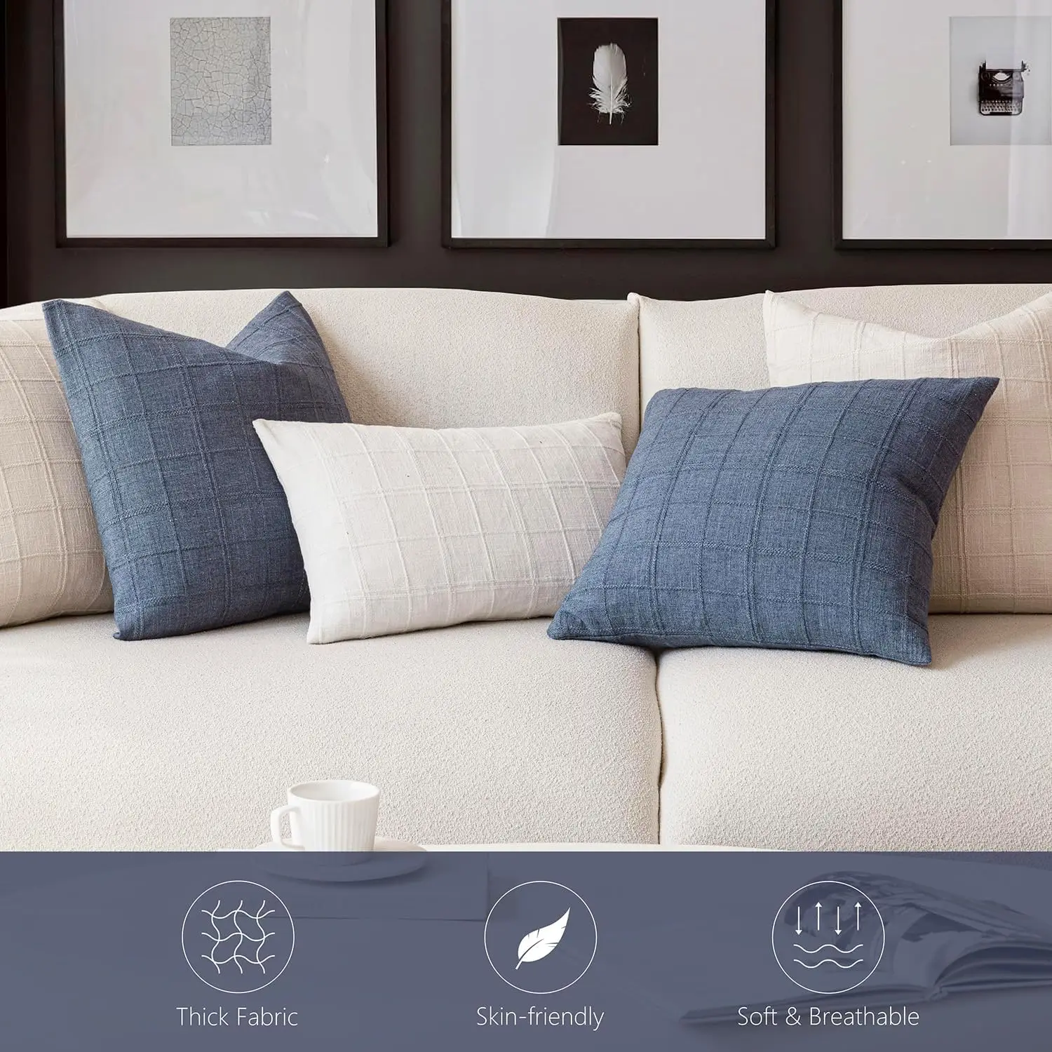 Blue Decorative Linen Check Throw Pillow Cover Neutral Farmhouse Vintage Cushion Cover Modern Coastal Boho Home Decor for Couch