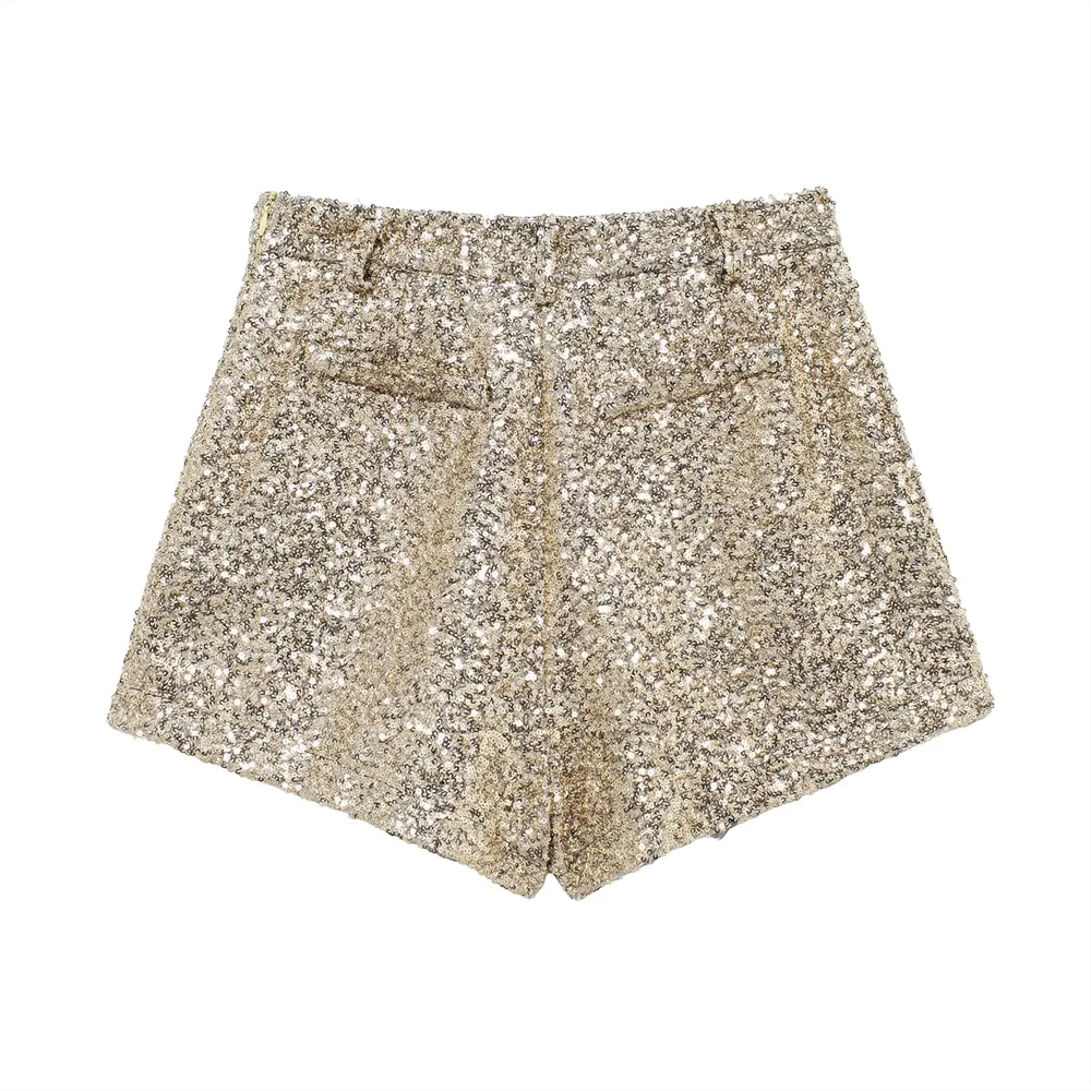 Taop&Za  women's 2024 winter pearl embellishment mid waist casual gold sequin A-line wide leg shorts