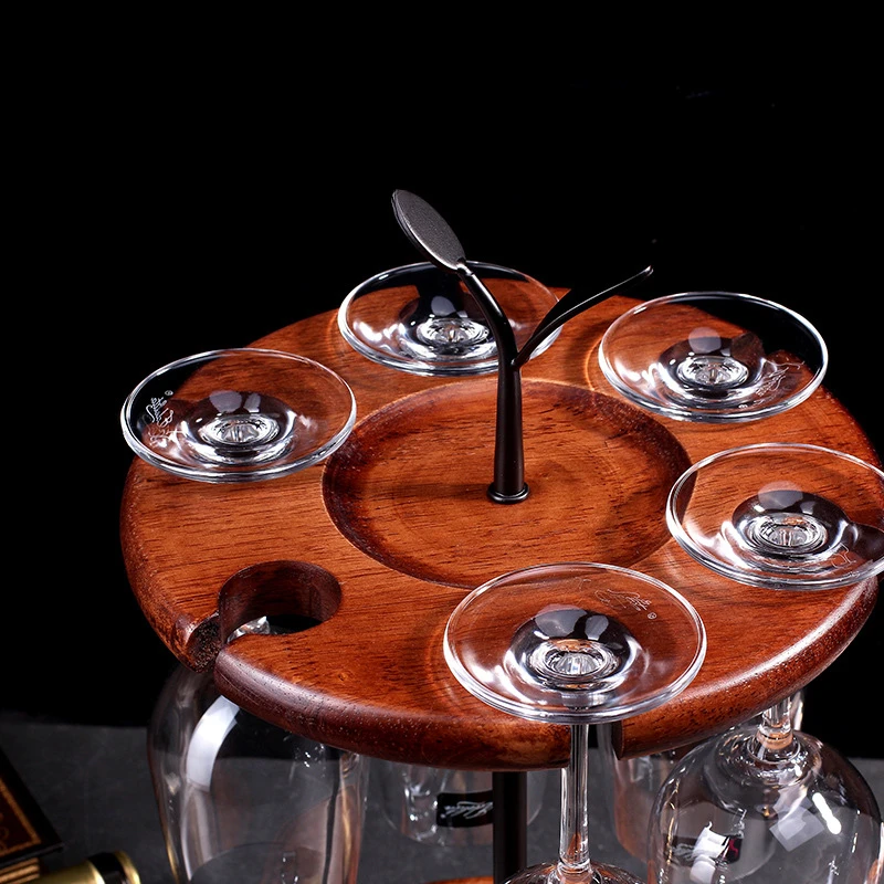 6個収納可能 逆さワイングラスラック 木製吊り下げカップホルダー 無垢材 赤ワインディスプレイスタンド グラスオーガナイザー