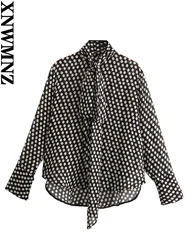 XNWMNZ Women's Fashion 2023 Polka Dot Tie Blouse Women Vintage Long Sleeve Front Button Versatile Female Chic Top