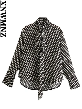 XNWMNZ Damesmode 2023 Polka Dot Tie Blouse Vrouwen Vintage Lange Mouw Knop Vooraan Veelzijdige Vrouwelijke Chic Top