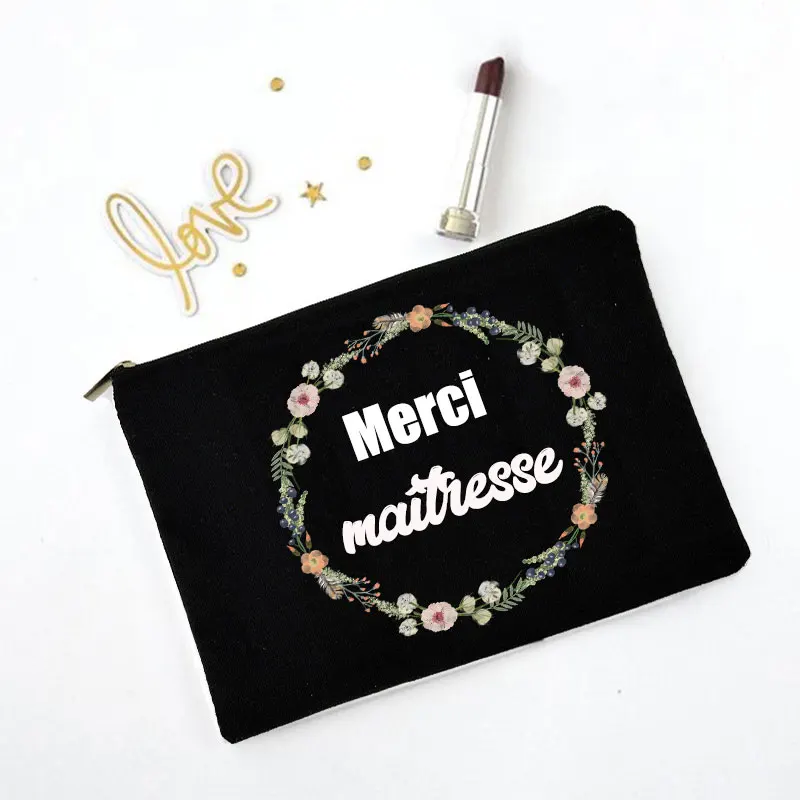 Women Makeup Bag Thank You Mistress Print Female Beauty Organizer Toiletry Storage Pouch Purse Teacher Gift Black Cosmetic Case