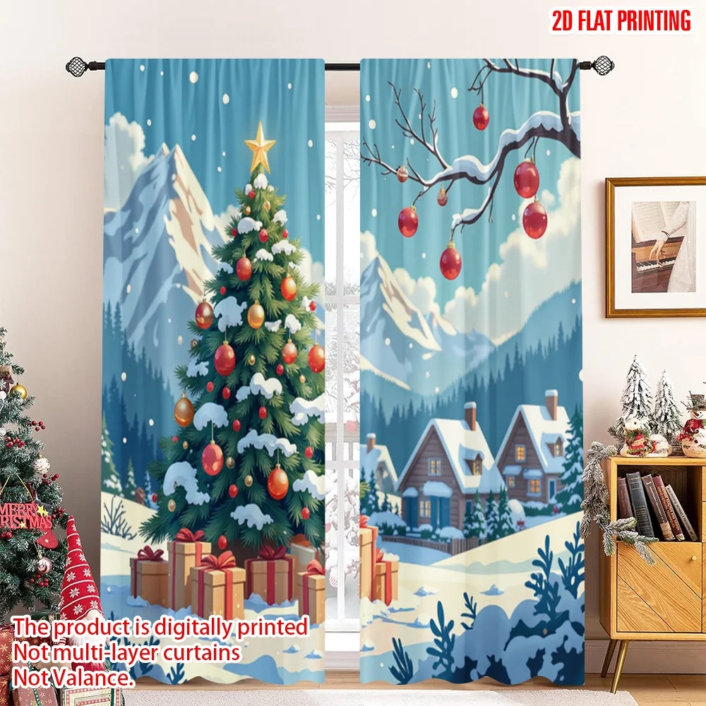 

2pcs 2D flat printing Christmas Party Curtain Christmas Village Snow Gifts Tree Polyester Without Electricity Family Party Use