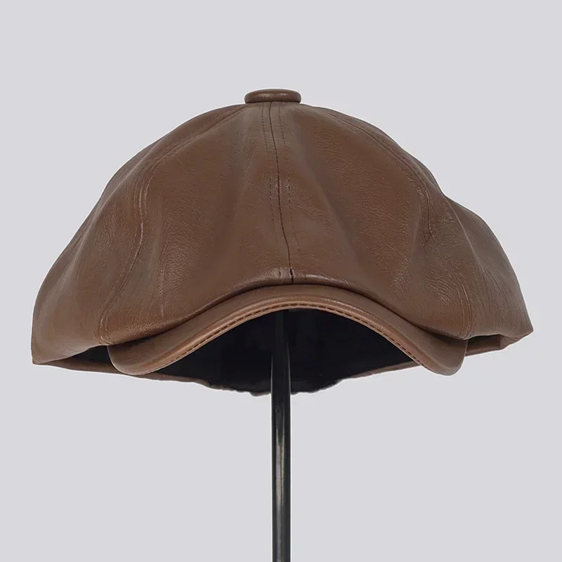 Retro Achthoekige Lederen Hoed Winter Mannen Koeienhuid Lederen Baret Elegante Mode Student Tong Cap Snapback Caps Voor mannen