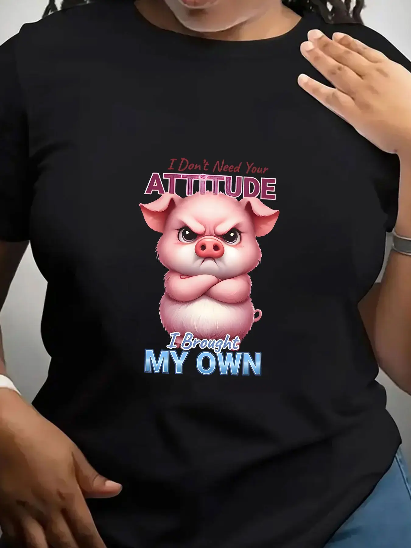 Women's Trendy Crew Neck T-Shirt Angry Pig Attitude Quote Design Suitable for Casual Sportswear
