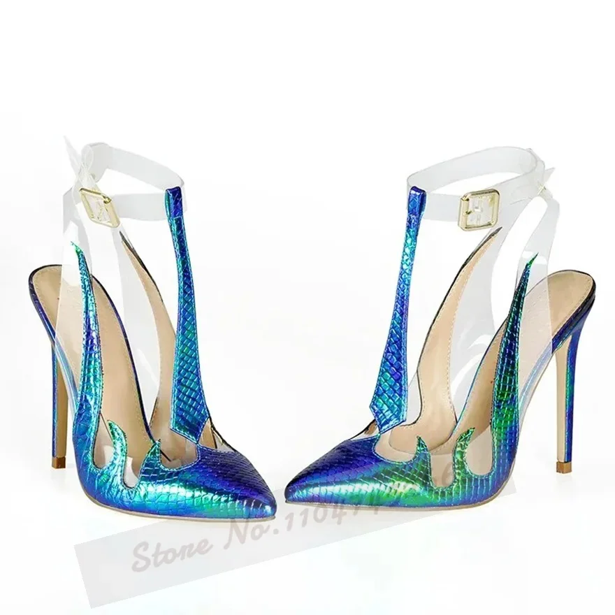 Frauen Hologramm Schlange PVC Transparente Schuhe Stiletto Heels Spitz Patchwork Sandalen T-Riemen Schnalle Flache Bankett Schuhe