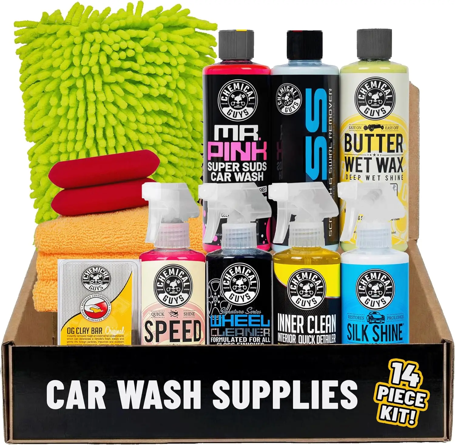 Kit Completo de Limpieza de Autos con 14 Artículos para Interior y Exterior, Incluye 7 Productos Químicos