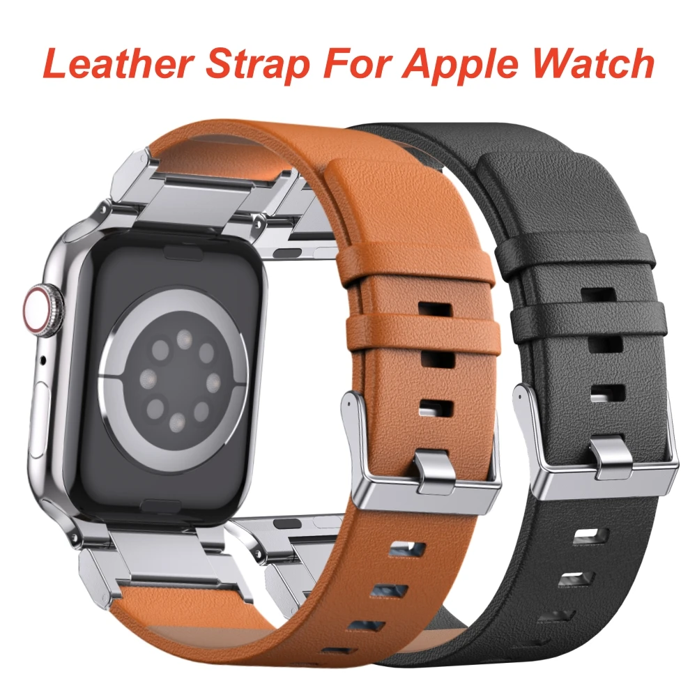 Leather Strap For Apple Watch 45mm 44mm 42mm 49mm 46mm Metal Linker Watch band Compatible With Iwatch Serise 8 9 Ultra 10 7 6 SE