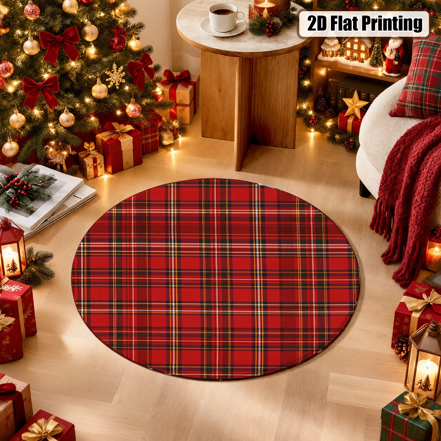 Red Tartan Plaid Round Velvet Rug Machine Washable for Living Room Bedroom Dining Room Halloween Thanksgiving Christmas New Year Black Friday Cyber Monday