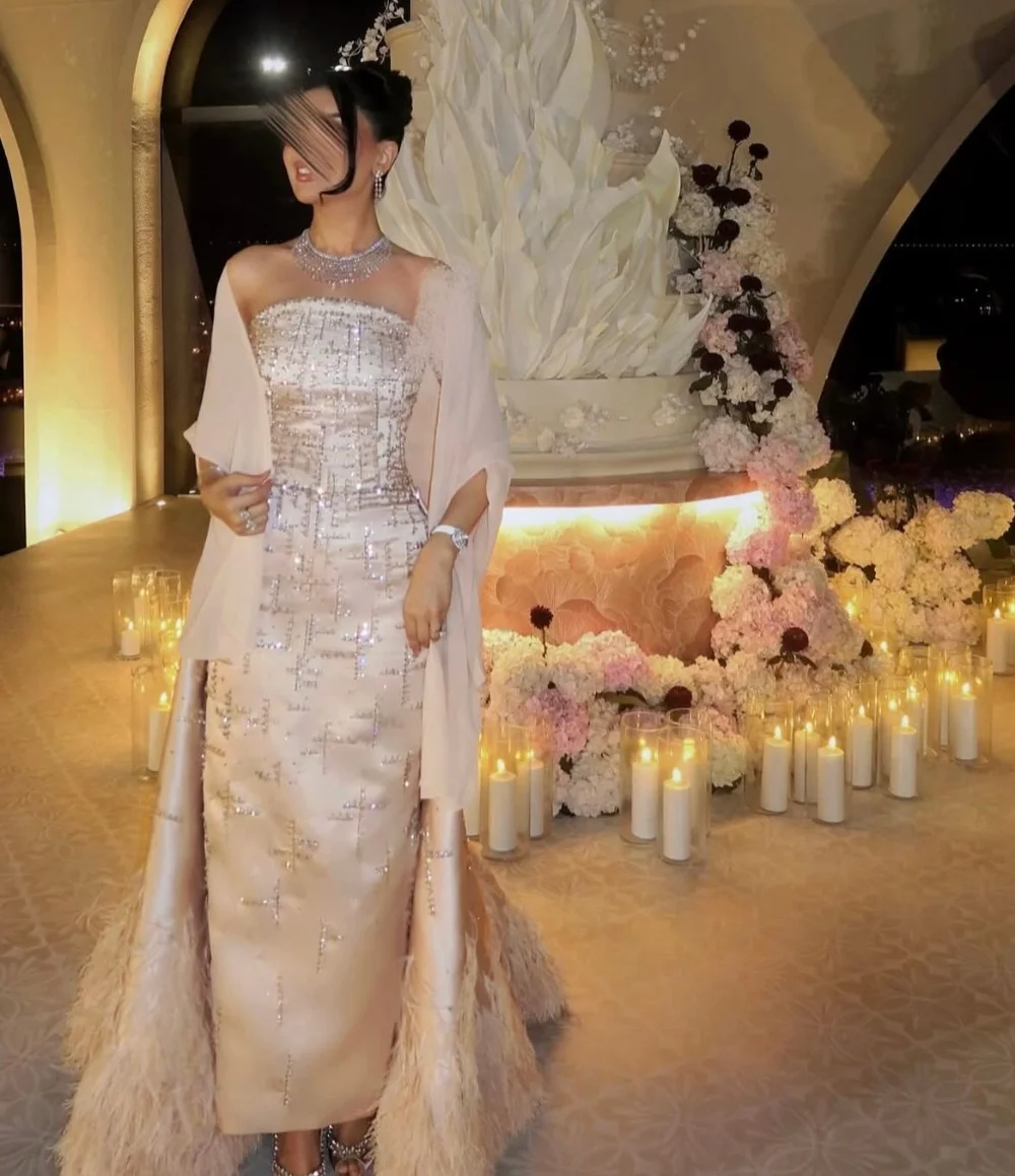 Customized Elegant Charmeuse Pleat Sequined Feather Straight Strapless Midi Luxury Party Prom Dresses Exquisite
