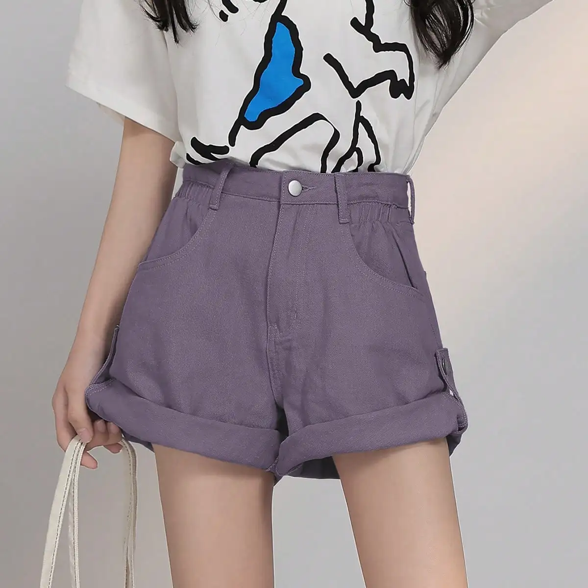 Korean Chic Summer Hong Kong Style Casual Versatile Curled Denim Hot Pants Small Fashion High Waist Wide Leg Shorts for Women