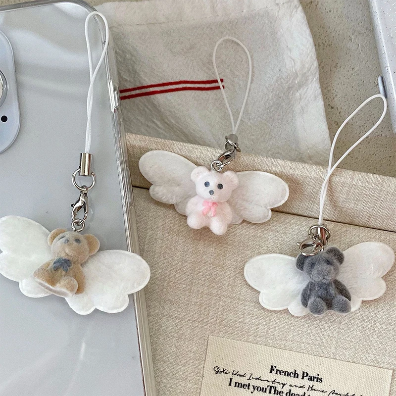 1PC Cartoon Flocked Animal Bag Pendant Keychain Y2K Butterfly Wings Keyring Women's Cute Camera Backpack Pendant Decoration Gift